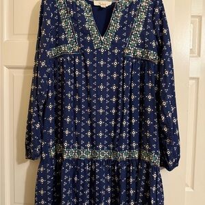 Westbound Navy and Cream with Green Detail Patterned Long Sleeve Dress